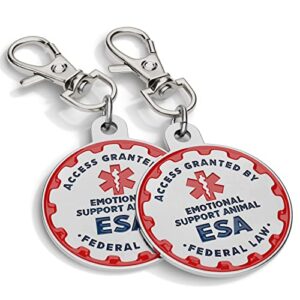 industrial puppy emotional support dog tag, 2 pack: metal pet id tags for emotional support dogs, esa, and therapy dogs, 1.25 inch diameter, double sided, navy lettering and red enamel trim