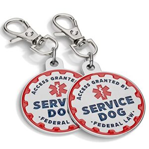 industrial puppy service dog tag, 2 pack: metal pet id tags for service animals, emotional support dogs and therapy dogs, 1.25 inch diameter, double sided, navy lettering and red enamel trim