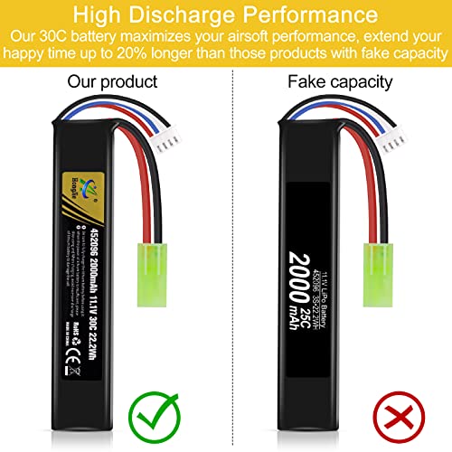 Airsoft Battery 11.1V Rechargeable 3S LiPo 2000mAh 30C Hobby Battery with Mini Tamiya & JST XH Connector for Airsoft Model Guns Rifle RC Car Drone
