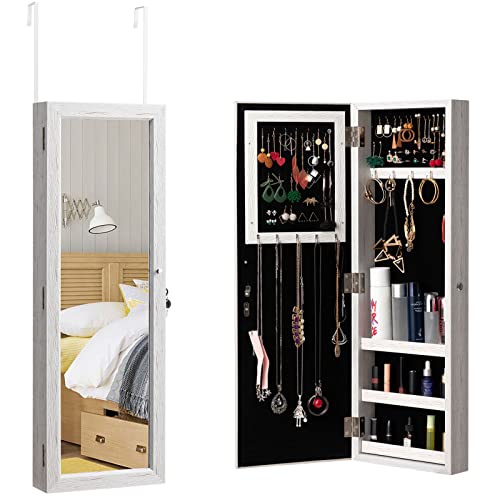 HollyHOME Mirrored Jewelry Cabinet Lockable Wall Door Mounted Jewelry Armoire Organizer with Full Length Mirror Space Saving Lockable,White