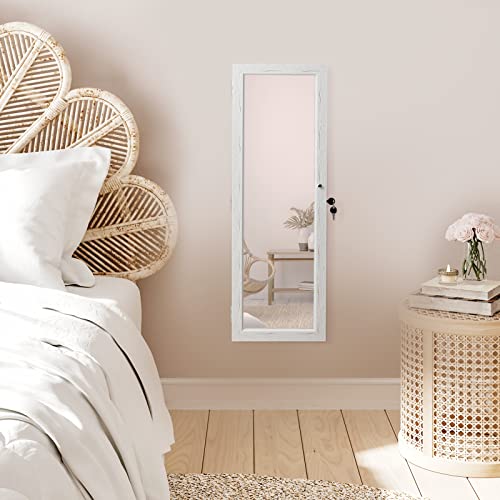 HollyHOME Mirrored Jewelry Cabinet Lockable Wall Door Mounted Jewelry Armoire Organizer with Full Length Mirror Space Saving Lockable,White