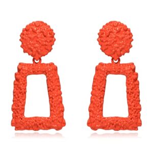 kelmall raised design drop dangle statement earrings for women classic metallic geometric rectangle earring- neon orange