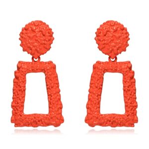 KELMALL Raised Design Drop Dangle Statement Earrings for Women Classic Metallic Geometric Rectangle Earring- Neon Orange