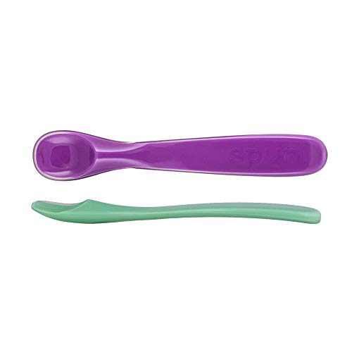 Spuni - Baby Spoon, Medical-Grade Soft Plastic Infant Feeder, Feeding Spoons for Babies (8 months+), Giggly Green & Peekaboo Purple, 2 Pack