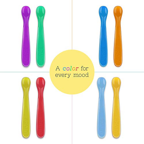 Spuni - Baby Spoon, Medical-Grade Soft Plastic Infant Feeder, Feeding Spoons for Babies (8 months+), Giggly Green & Peekaboo Purple, 2 Pack