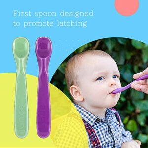 Spuni - Baby Spoon, Medical-Grade Soft Plastic Infant Feeder, Feeding Spoons for Babies (8 months+), Giggly Green & Peekaboo Purple, 2 Pack