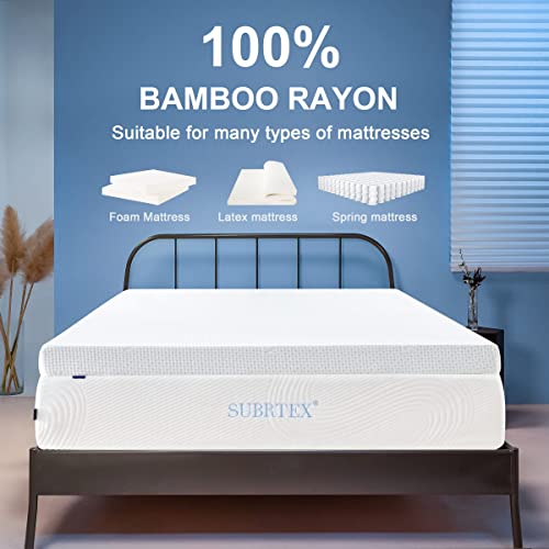 subrtex 3 Inch Bedding Topper Cover Removable Cool Mattress Protectors Washable with Adjustable Straps Anti-Slipping Meshing Backing Bamboo Fabric with Zipper (CK), 3inch, White