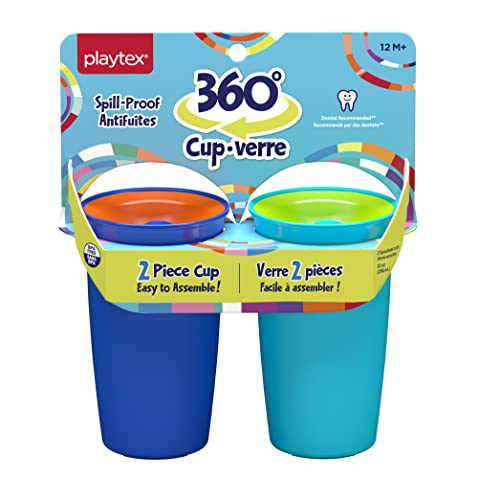 Playtex Sipsters Stage 2 360 Degree Spill-Proof, Leak-Proof, Break-Proof Spoutless Cup for Boys, 10 Oz - 2Count