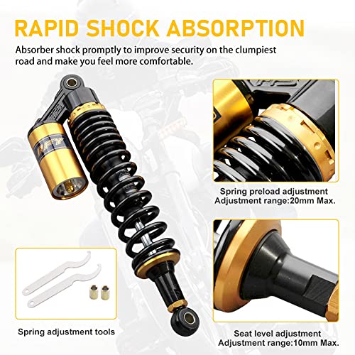 Newsmarts Pair Adjustable 13.5 Inch 340mm ATV Motorcycle Air Shock Absorbers Nitrogen Suspension Universal Fit for ATV UTV Go Kart Quad Dirt Sport Bikes Cafe Racer (Gold and Black)