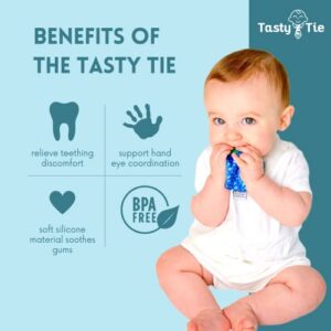 Tasty Tie Teething Tie, 3-in-1 Clip-on Baby Tie, Crinkle Toy & Silicone Teether for 3-18 Month Babies, Unique Baby Boy Gift, Shark Style