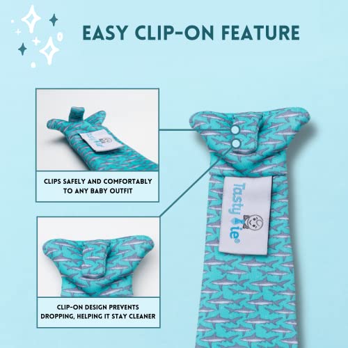 Tasty Tie Teething Tie, 3-in-1 Clip-on Baby Tie, Crinkle Toy & Silicone Teether for 3-18 Month Babies, Unique Baby Boy Gift, Shark Style