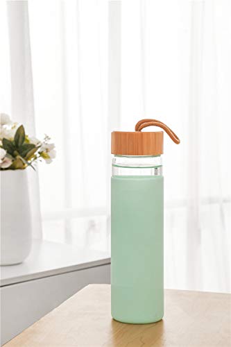 Yomious 20 Oz Borosilicate Glass Water Bottle with Bamboo Lid and Silicone Sleeve – Reusable BPA Free – Glass Drinking Bottle with Lids - Cute Glass Bottle for Women - Glass Shaker Bottle