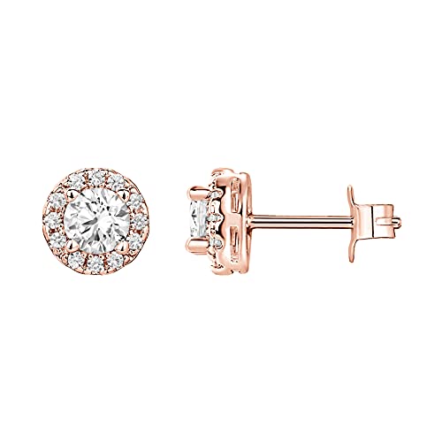 PAVOI 14K Gold Plated Sterling Silver Post Round Halo Cubic Zirconia Stud Earrings in Rose Gold