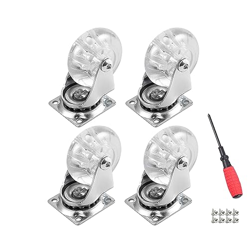 Swivel Caster Wheels for Furniture, 2 Inch Heavy Duty Castor Wheels Set of 4, Crystal Clear Polyurethane Rolling Castors with 360 Degree Plate for Cabinet,Ottoman,Bench (500LBS,Screws Included)