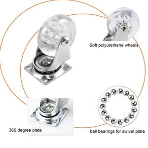 Swivel Caster Wheels for Furniture, 2 Inch Heavy Duty Castor Wheels Set of 4, Crystal Clear Polyurethane Rolling Castors with 360 Degree Plate for Cabinet,Ottoman,Bench (500LBS,Screws Included)