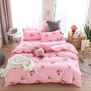 lamejor duvet cover set queen size red cherry/floral pattern reversible luxury soft bedding set comforter cover (1 duvet cover+2 pillowcases) pink