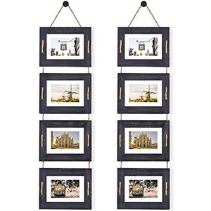 dlquarts 5x7 hanging picture frames collage wall decor, 4-frame set, 3.5x5 with mat or 5x7 without mat, rustic solid wood photo frame pack of 2 weathered black
