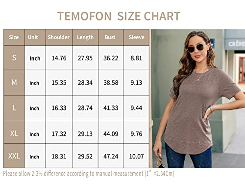 TEMOFON Womens T Shirts Summer Tops: Coffee Short Sleeve Shirt Casual Cotton Tunic Top Women Crew Neck Tees Size S-2XL