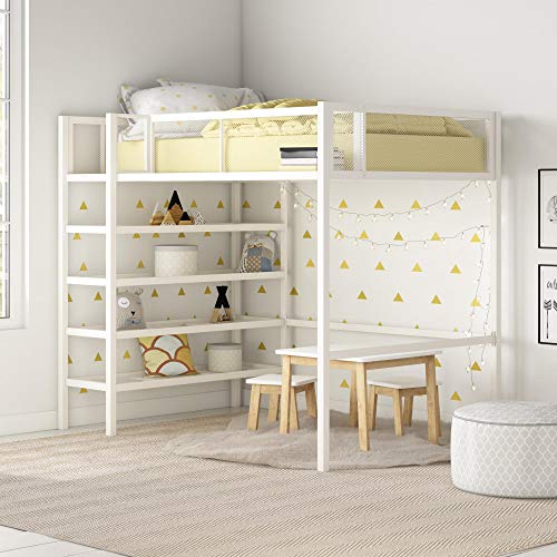 DHP Tiffany Metal Storage Bookcase, Twin Bunk Bed, White Loft