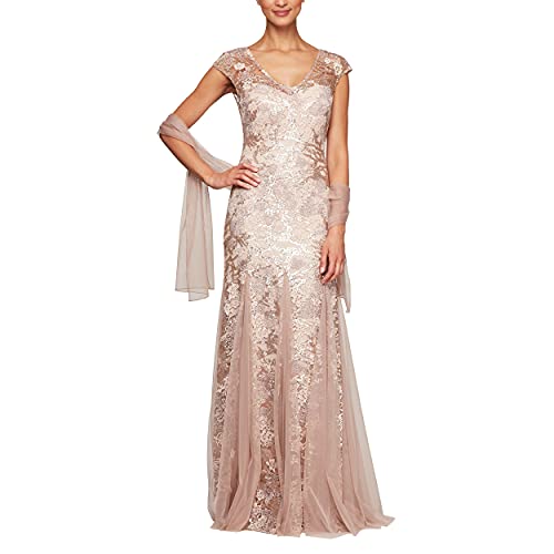 Alex Evenings Women's Long V Neck Fit and Flare Dress with Shawl (Petite Regular), Rose Gold, 8P