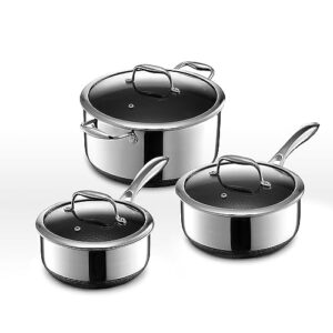hexclad 6 piece hybrid nonstick pot set, 2, 3, and 8 quart pots with glass lids, dishwasher and oven safe, works on induction and gas cooktops