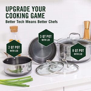 HexClad 6 Piece Hybrid Nonstick Pot Set, 2, 3, and 8 Quart Pots with Glass Lids, Dishwasher and Oven Safe, Works on Induction and Gas Cooktops