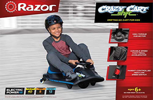 Razor Crazy Cart Shift for Kids Ages 6+ (Low Speed) 8+ (High Speed) - 12V Electric Drifting Go Kart for Kids - High/Low Speed Switch and Simplified Drifting System, for Riders up to 120 lbs,Black/Blue