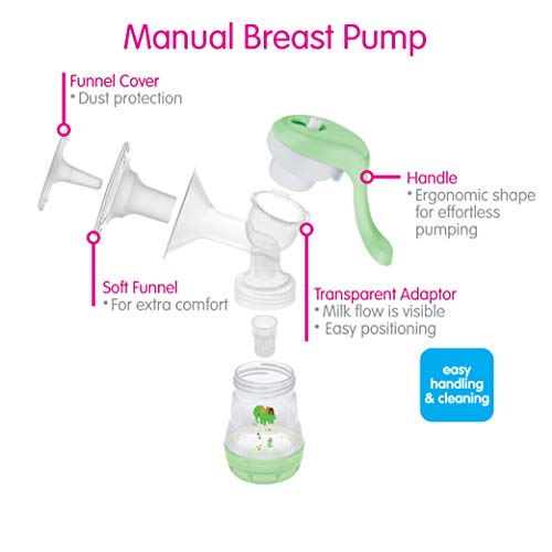 MAM Manual Breast Pump Portable Breast Pump with Easy Start Anti-Colic Baby Bottle Includes 2 Bottle Nipples 1-Count Green One Size