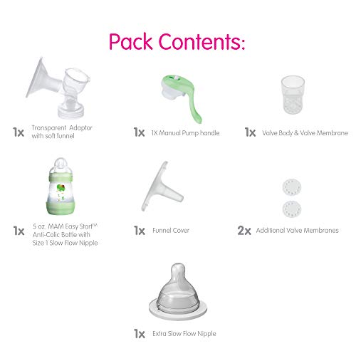 MAM Manual Breast Pump Portable Breast Pump with Easy Start Anti-Colic Baby Bottle Includes 2 Bottle Nipples 1-Count Green One Size