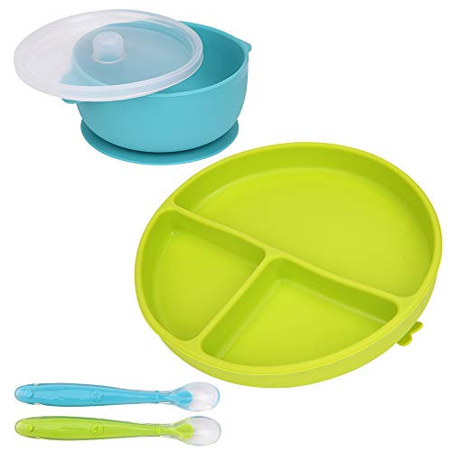 KingKam Baby Plate Bowl - Silicone Mini Mat - Super Suction Placemat Bowl with 2 Spoons for Self Feeding, 100% Safe Silicone, Dishwasher and Microwave Safe