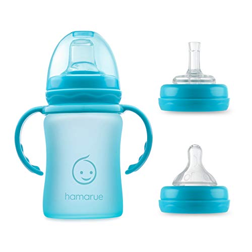 Hamarue 3-in-1 Glass Sippy Cups for Toddlers | Silicone Coated Glass Baby Bottles | Non-Toxic Transition Cup for Baby with Removeable Handles | Baby Straw Cup NB+, 3M, 6M, 12M (Teal, 5 oz)