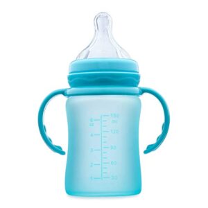 Hamarue 3-in-1 Glass Sippy Cups for Toddlers | Silicone Coated Glass Baby Bottles | Non-Toxic Transition Cup for Baby with Removeable Handles | Baby Straw Cup NB+, 3M, 6M, 12M (Teal, 5 oz)