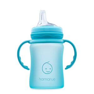 Hamarue 3-in-1 Glass Sippy Cups for Toddlers | Silicone Coated Glass Baby Bottles | Non-Toxic Transition Cup for Baby with Removeable Handles | Baby Straw Cup NB+, 3M, 6M, 12M (Teal, 5 oz)