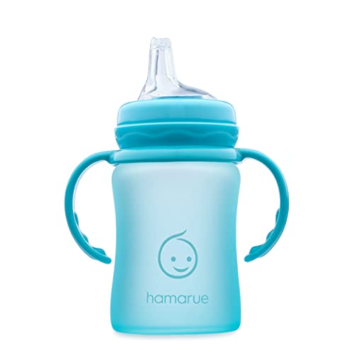Hamarue 3-in-1 Glass Sippy Cups for Toddlers | Silicone Coated Glass Baby Bottles | Non-Toxic Transition Cup for Baby with Removeable Handles | Baby Straw Cup NB+, 3M, 6M, 12M (Teal, 5 oz)