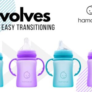 Hamarue 3-in-1 Glass Sippy Cups for Toddlers | Silicone Coated Glass Baby Bottles | Non-Toxic Transition Cup for Baby with Removeable Handles | Baby Straw Cup NB+, 3M, 6M, 12M (Teal, 5 oz)