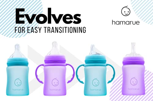 Hamarue 3-in-1 Glass Sippy Cups for Toddlers | Silicone Coated Glass Baby Bottles | Non-Toxic Transition Cup for Baby with Removeable Handles | Baby Straw Cup NB+, 3M, 6M, 12M (Teal, 5 oz)