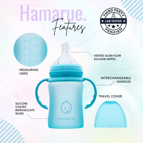 Hamarue 3-in-1 Glass Sippy Cups for Toddlers | Silicone Coated Glass Baby Bottles | Non-Toxic Transition Cup for Baby with Removeable Handles | Baby Straw Cup NB+, 3M, 6M, 12M (Teal, 5 oz)