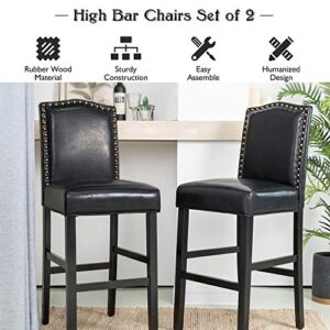 glitzhome Bar Stools Set of 2, 45" H Black Bonded Leather Armless Barchair with High-Back Studded Solid Rubberwood Legs for Kitchen Island Breakfast Chair for Dining Room, Party Room & Restaurant