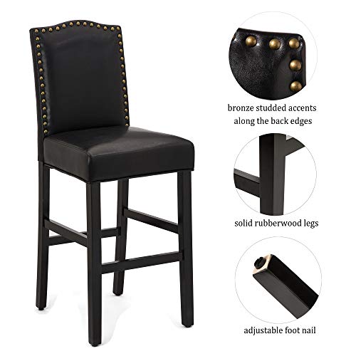 glitzhome Bar Stools Set of 2, 45" H Black Bonded Leather Armless Barchair with High-Back Studded Solid Rubberwood Legs for Kitchen Island Breakfast Chair for Dining Room, Party Room & Restaurant