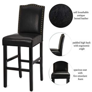 glitzhome Bar Stools Set of 2, 45" H Black Bonded Leather Armless Barchair with High-Back Studded Solid Rubberwood Legs for Kitchen Island Breakfast Chair for Dining Room, Party Room & Restaurant