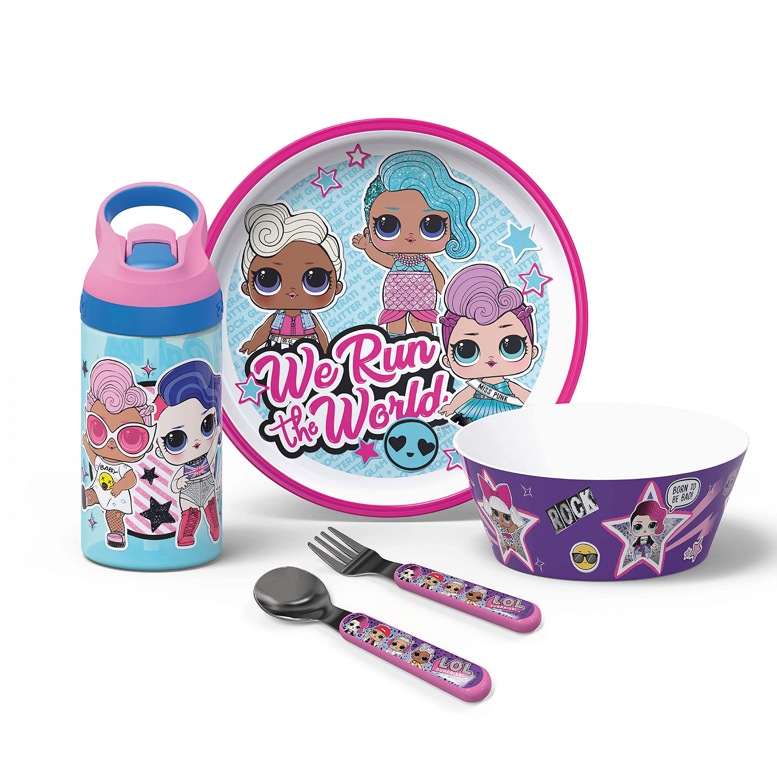 Zak Designs L.O.L. Surprise! Series Kids Plate, Bowl, Water Bottle & Flatware Set, Series 1-3 Characters, 5-piece set