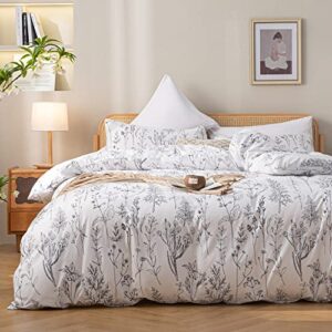 JANZAA 3pcs White Comforter Set, Soft Microfiber Bedding Plant Flowers Printed Comforter with 2 Pillow Cases for All Seasons(Queen)