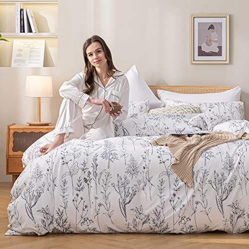 JANZAA 3pcs White Comforter Set, Soft Microfiber Bedding Plant Flowers Printed Comforter with 2 Pillow Cases for All Seasons(Queen)