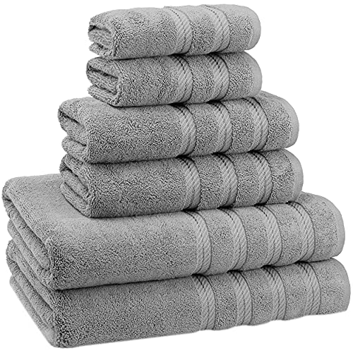 American Soft Linen 100% Turkish Carde Cotton 6 Piece Towel Set, 560 GSM Towels for Bathroom, Super Soft 2 Bath Towels 2 Hand Towels 2 Washcloths, Silver Grey