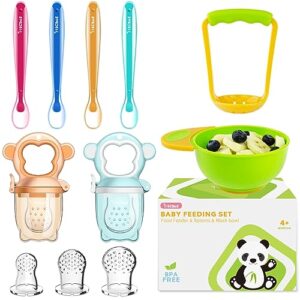 baby food feeder fruit feeder pacifier (2 pack) with 3 different sized silicone pacifiers, mash and serve bowl with 4 baby spoons silicone soft-tip infant spoon, baby first stage feeding set by michef