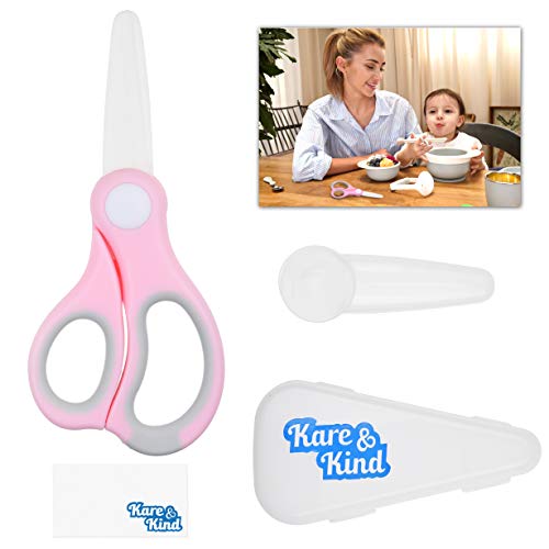 Kare & Kind Ceramic Baby Food Scissors - Pink - With Dust Cover and Storage Case - Cut Baby Food Easily - Ideal for Noodles, Meat, Chicken, Veggies and Fruits (Pink - 1 Pack)