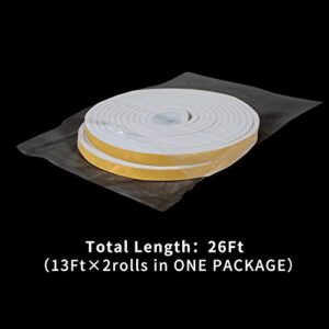 fowong White Door Weather Stripping 26 Feet, 1/2 Inch Wide X 1/4 Thick, High Density Foam Tape Roll Neoprene Rubber Adhesive Weatherstrip Seal, Window Insulation, 2 Rolls 13 Ft Each