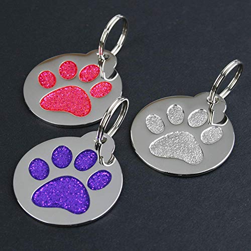 GoTags Paw Print Round Stainless Steel Pet Tag for Dogs and Cats, Personalized with 4 Lines of Custom Engraved ID, in Solid Stainless Steel and 5 Enameled Colors: Blue, Green, Pink, Purple and Red