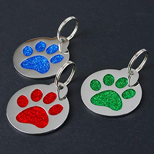 GoTags Paw Print Round Stainless Steel Pet Tag for Dogs and Cats, Personalized with 4 Lines of Custom Engraved ID, in Solid Stainless Steel and 5 Enameled Colors: Blue, Green, Pink, Purple and Red
