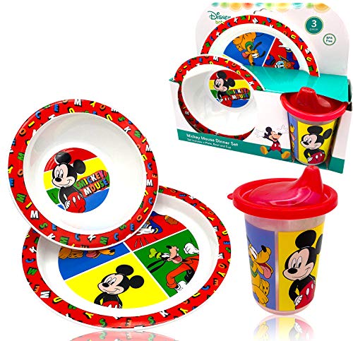 Disney Classic Mickey Baby Toddler Utensil Dinnerware Dish Feeding Set Gift Box including Break Resistant Bowl, Dish Plate, Tumbler Cups - Safe BPA free, Easy to Clean, Perfect Gifts for Kids